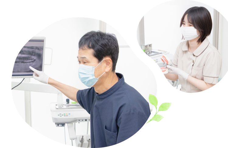 モニターを指して説明する院長とスタッフ